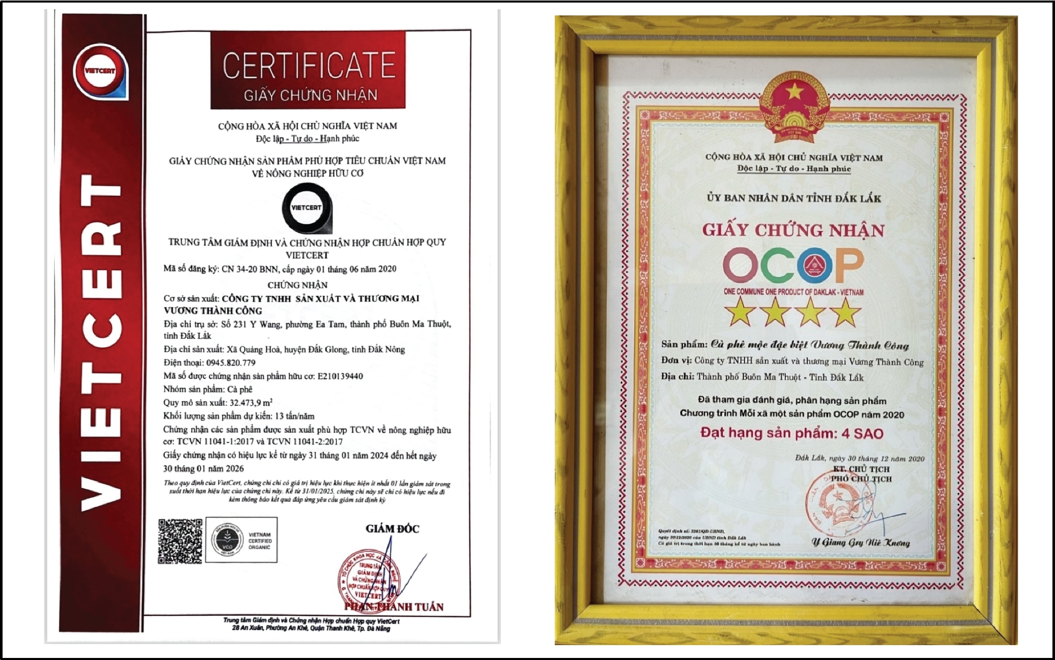 Một số giấy chứng nhận quan trọng liên quan đến an toàn và chất lượng sản phẩm của Vương Thành Công